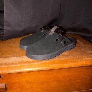 Sorel Black Suede Slip-On Clog with Adjustable Strap